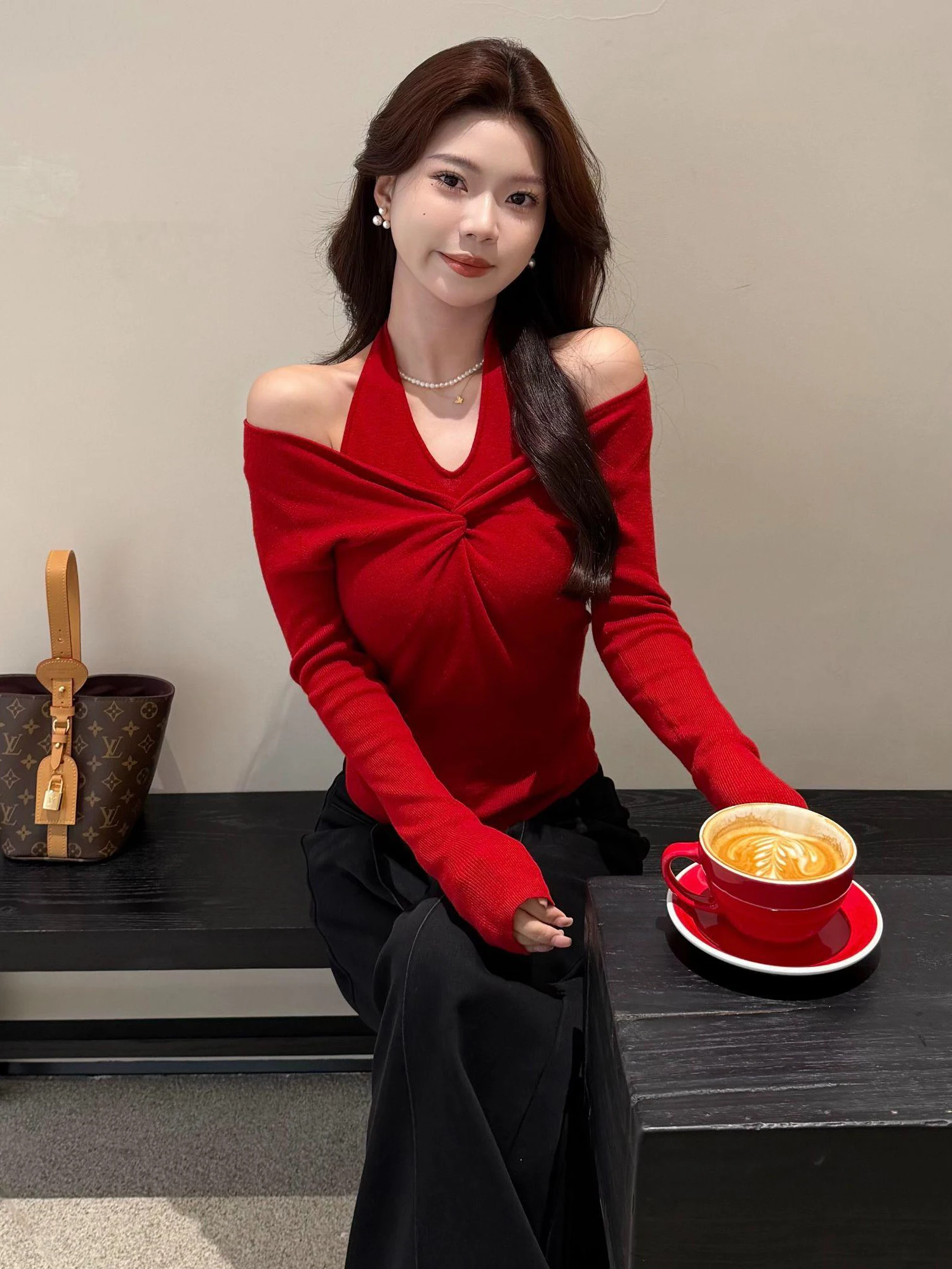 

High Quali Women's Knitted Woolen Neline Top Two-Way Wear Soft French Sle Long Sve Color Faionable Base Layer
