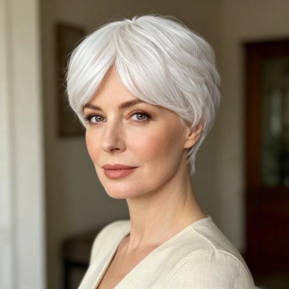 Granny Grey Short Hair Wig With Bangs Fashion Synthetic Straight Wig Natural Looking Heat Resistant Fiber Cosplay