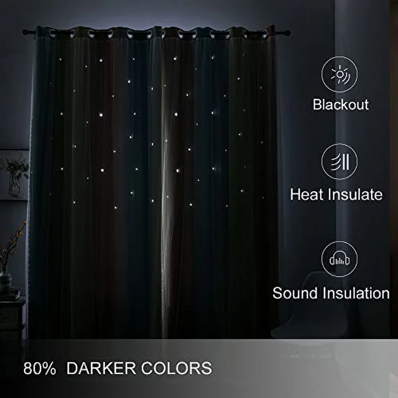 Rainbow Blackout Curtains Double Layer Star Cut Out Gradient Grommet Window Curtains for Bedroom Living Room Home Decoration