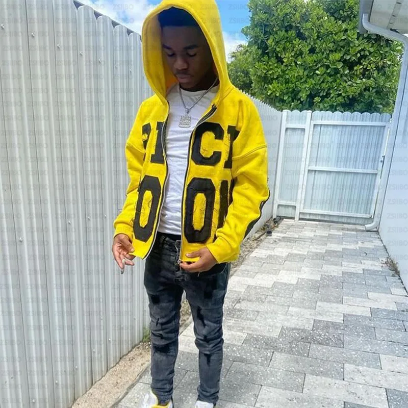 2025 new Y2k American color letter embroidery zipper hoodie Men's fashionable high street knitted sweatshirt Retro casual