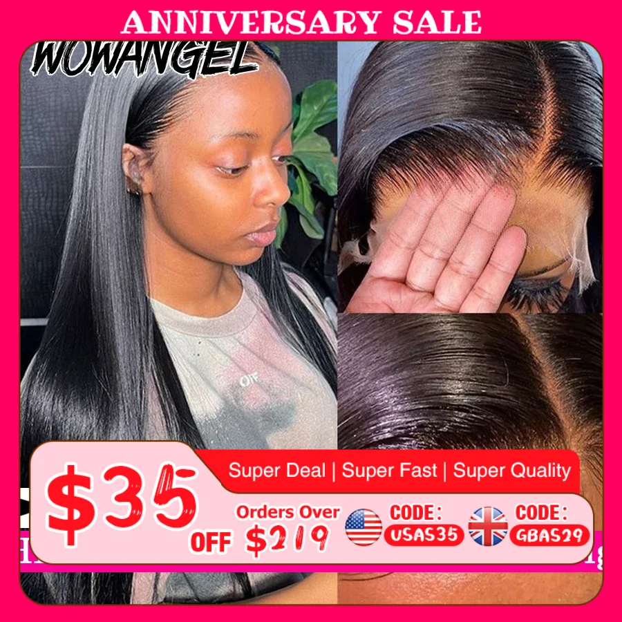 Wow Angel 34in 13x6 HD Lace Frontal Wigs Jet Black Straight Human Hair Wigs Melt Skins Pre Plucked Brazilian Hair For Women