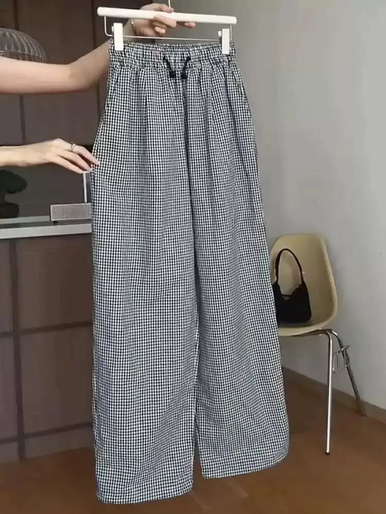 Grid Casual Pants Women's Summer New Fashion Elastic High Waist Wide Leg Stylish Straight Tube