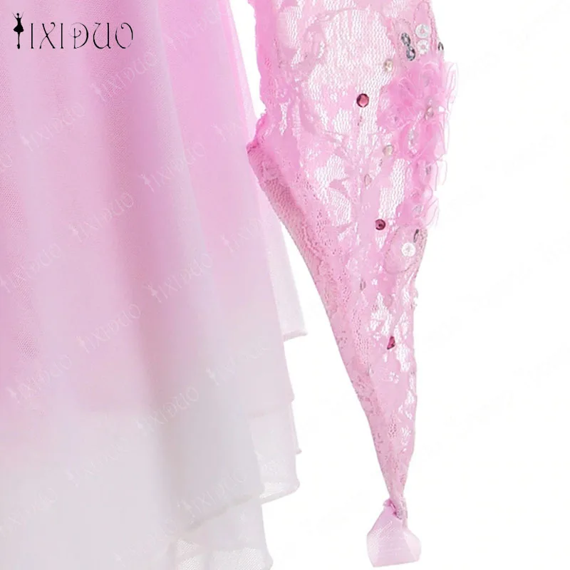 Figura Vestido De Patinação No Gelo Meninas Strass Malha Splice Manga Longa Vestido de Balé Ginástica Collant Traje Desempenho Clássico