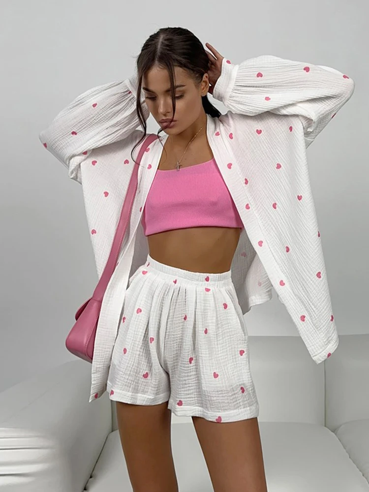 Hiloc Long Sleeve Love Print Sleepwear Cotton Pajamas For Women Sets With Sashes Casual Female Suits With Shorts 2024 Spring