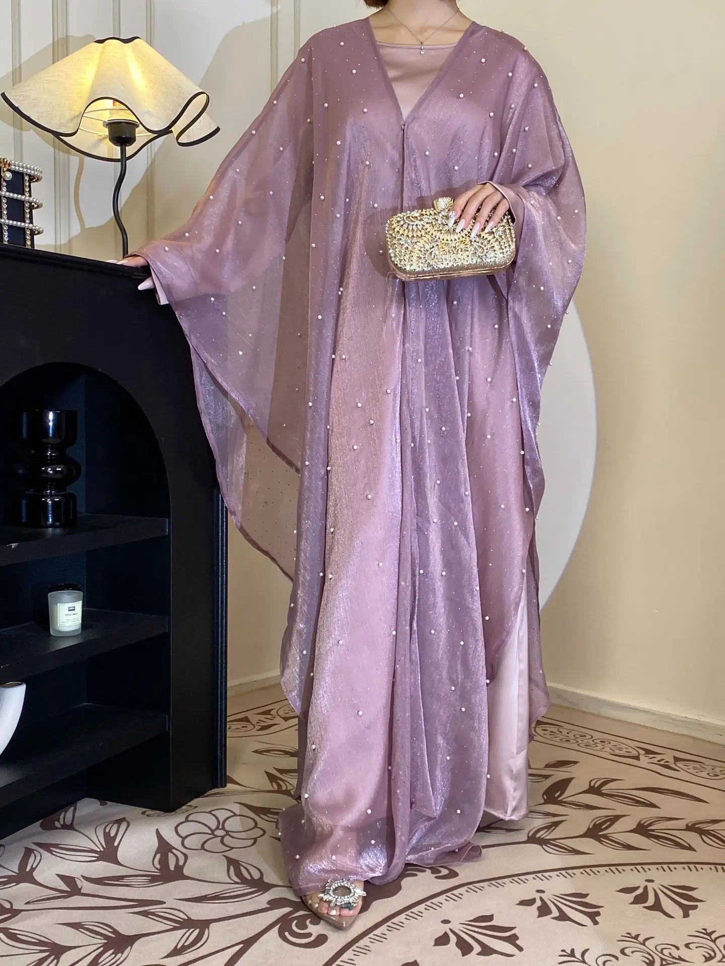 

Wholesale Modest Evening Party Muslim Dress Set Clothes Ramadan Elegant Modest Pearl Star Embroidered Abaya