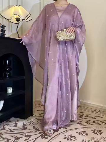 Wholesale Modest Evening Party Muslim Dress Set Clothes Ramadan Elegant Modest Pearl Star Embroidered Abaya