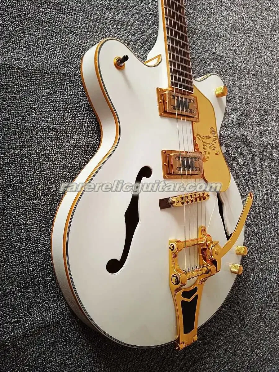 In StockWhite Falcon Semi Hollow Body Jazz Electric Guitar Gold Sparkle Binding Bigs Tremolo Bridge Grover Imperial Tuners Gold