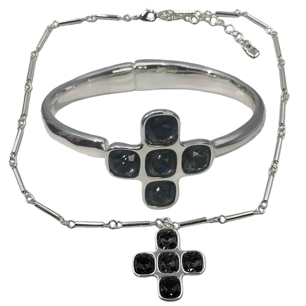 2025 Autumn Mature Sexy Cross Grey Crystal Gold Silver Bracelet Necklace Women's Accessories Romantic Gift