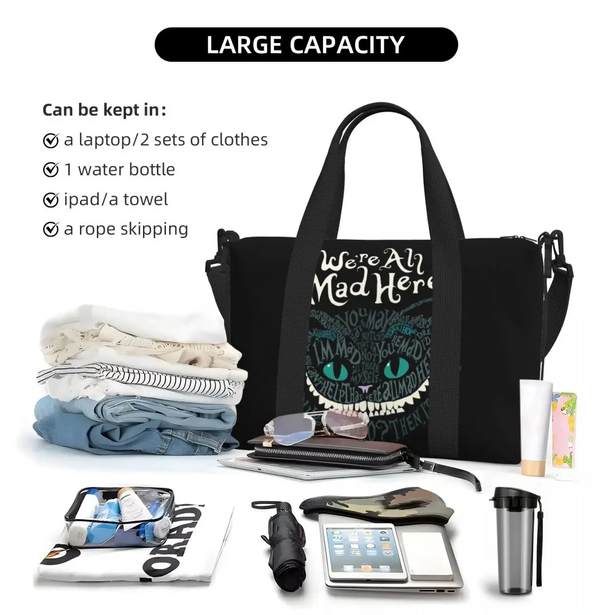 Custom Cheshire Cat Groceries Shopping Tote Bags Women Large Capacity Alice We\'re All Mad Here Wonderland Beach Gym Travel Bags