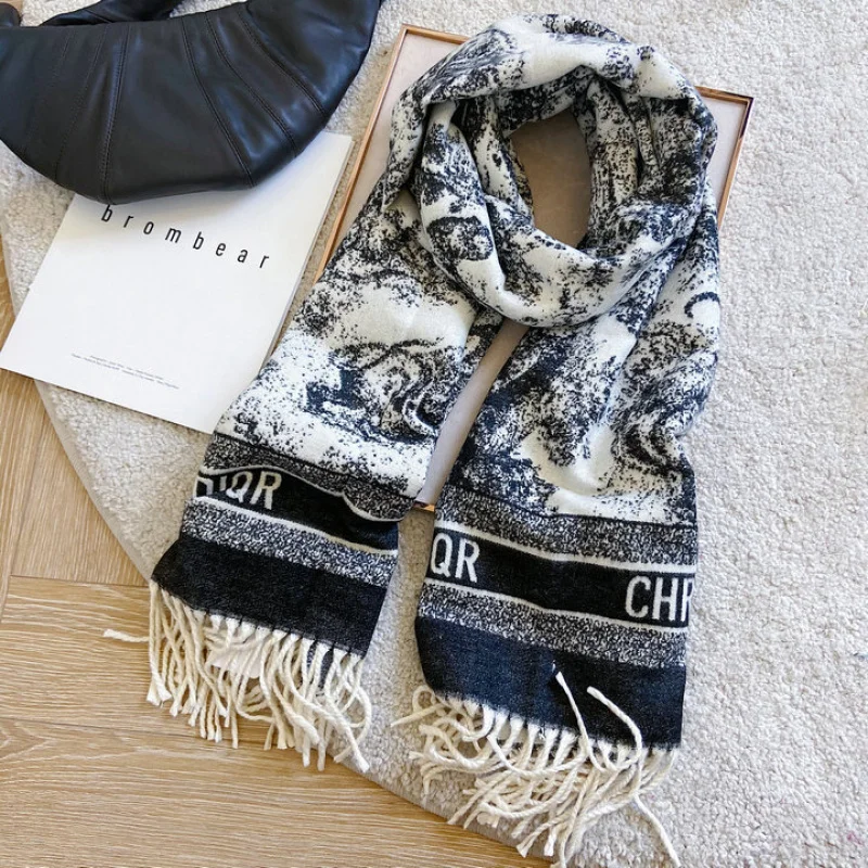 New2024Autumn and Winter Cashmere-like Jacquard Scarf Women\'s Thickened Warm Scarf Long Tassel Shawl