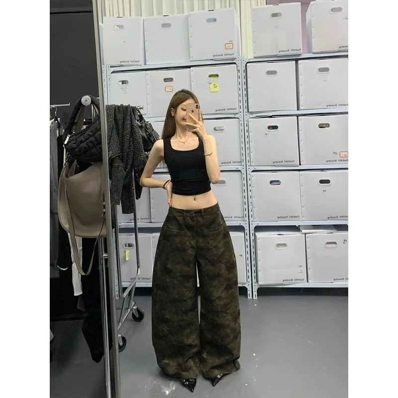 Jean taille haute pour femmes, Baggy, décontracté, Vintage, Camouflage Y2K, pantalon droit, rue américaine, jambes larges, Denim, été