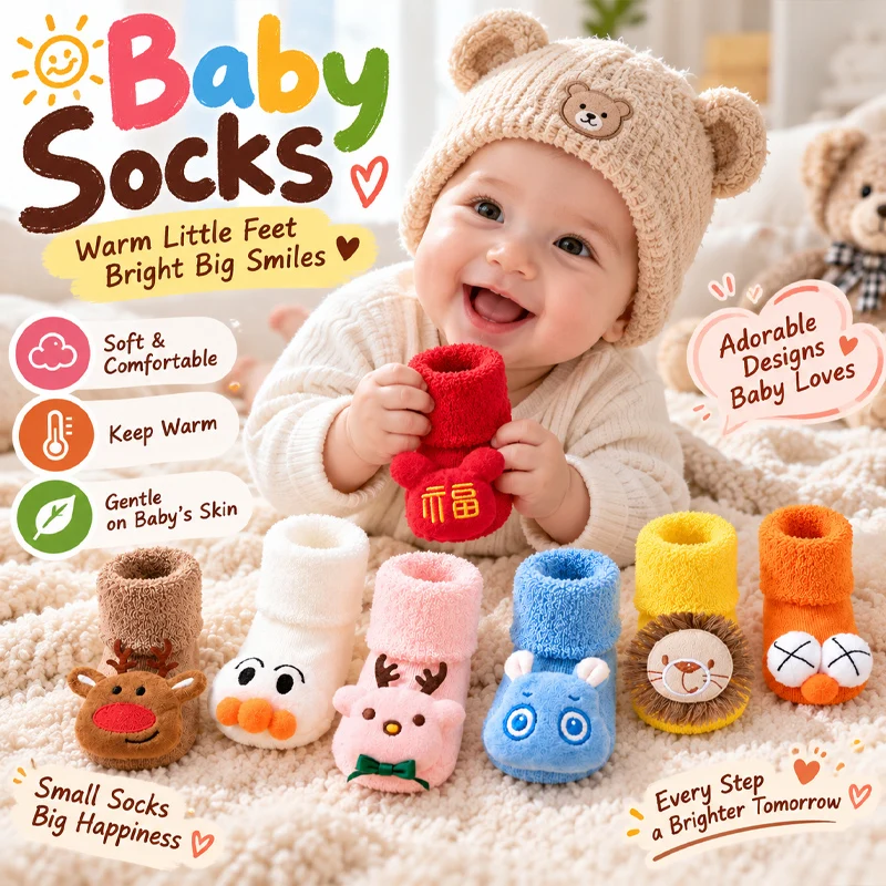 Red Baby Socks for Boys Girls Toddlers Infants Autumn Winter Thick Warm Anti-Slip Non-Slip Sole Socks Set Cozy Soft Cotton Rich