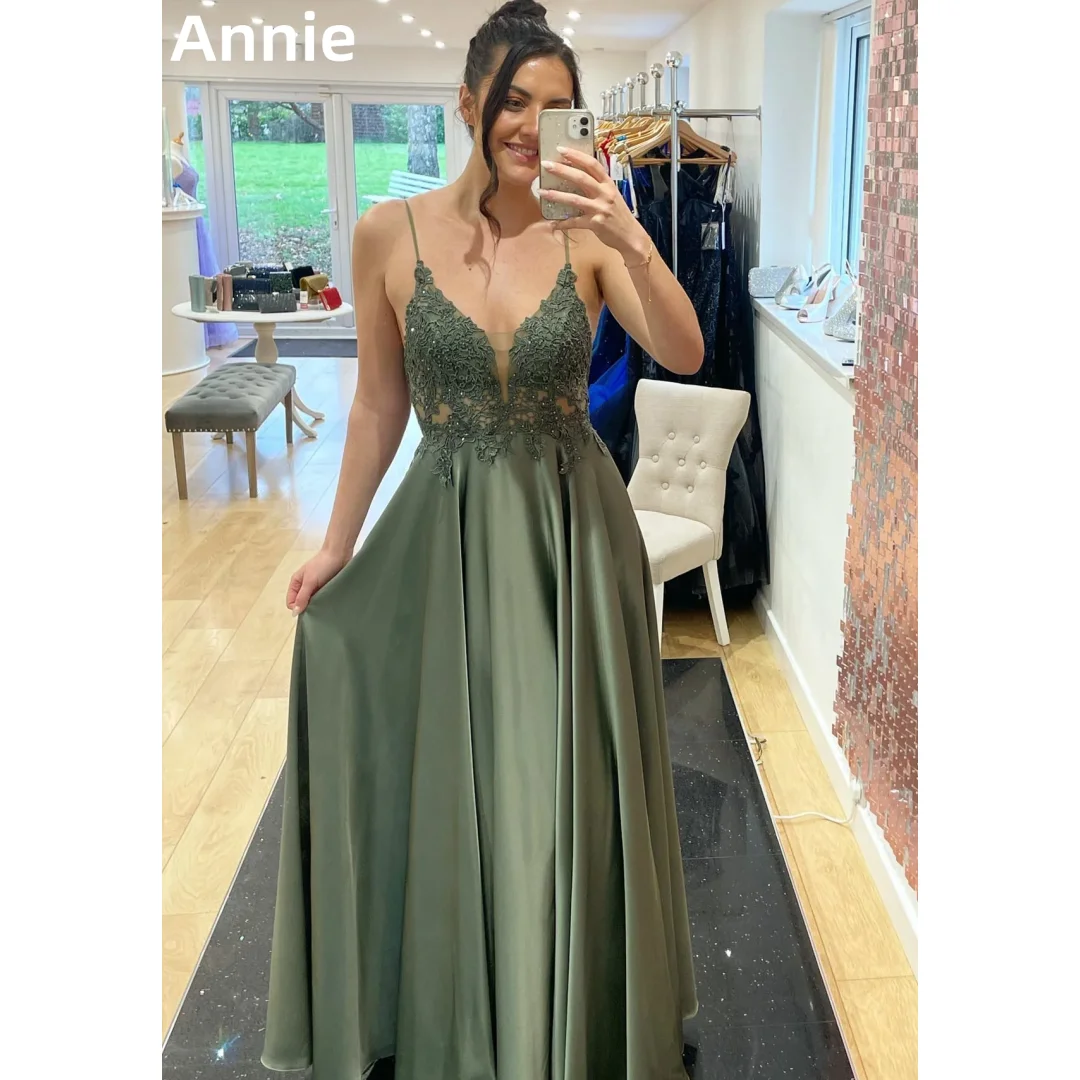 

Annie Dark Green Elegant Wedding Dress Embroidered Satin Prom Dresses Spaghetti Strap A-line Cocktail Dresses Vestidos DeFiesta