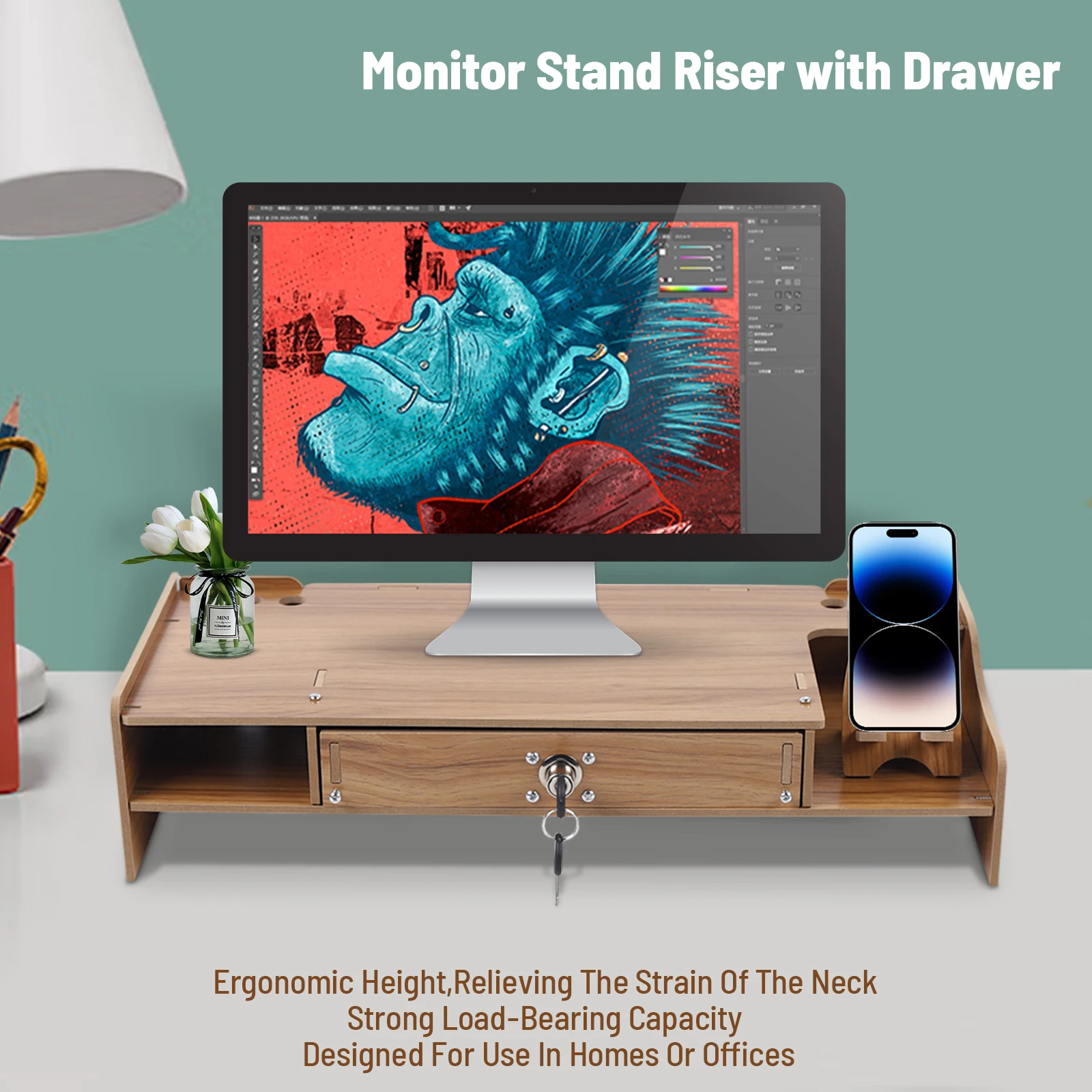 Wood Monitor Riser with Drawer Computer/Laptop/PC Stand for Desk Organizer Wooden Desk Organizer W/ Drawer File Storage Desk