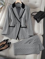 New Arrival Gray Women Pant Suit Office Ladies Long Sleeve Work Wear Blazer and Trouser Formal 2 Piece Set For Autumn Winter