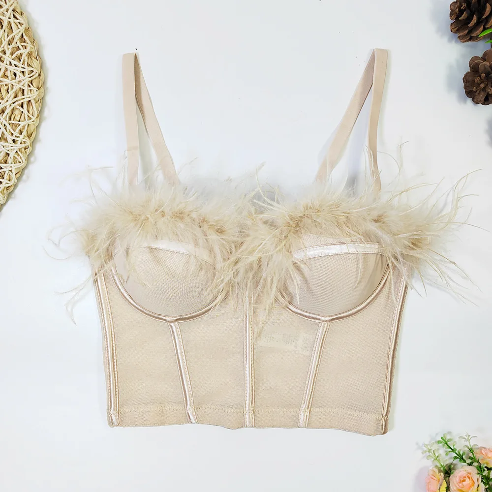 Sexy Feather Padded See Through Push Up Bra with Fishbone Strap Tank Top Women Short Sweet Bralette Sexy Underwear Corset 40C