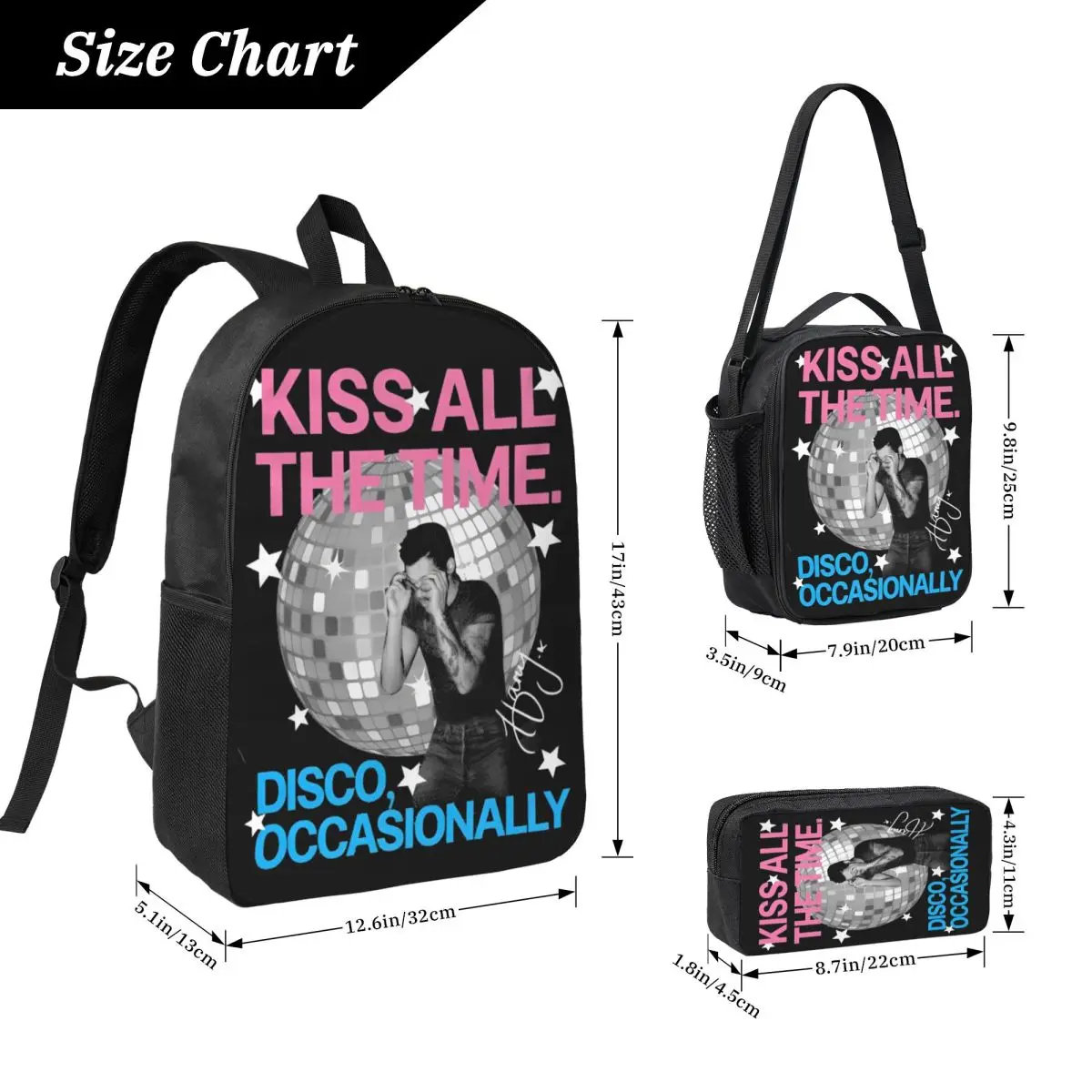 3Pcs Harrys Styles Kiss All The Time Backpack Set for Children Pen Bags Bookbag Sets with Lunch Box For School Students Knapsack
