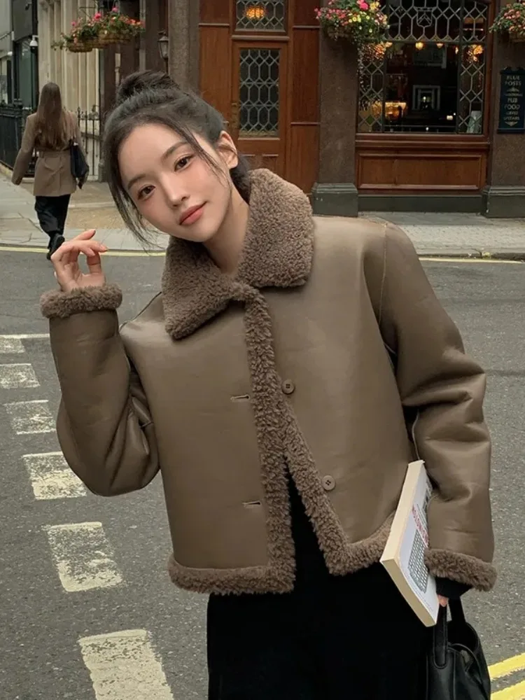 ريترو طوق بولي Leather الجلود Jaet المرأة الشتاء على الوجهين ارتداء فرو الضأن ort أعلى لصق Sle الكورية Faion ملابس خارجية