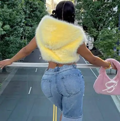 Autumn Solid Color Fur Zipper Hooded Sleeveless Crop Top Short Jacket, Fashionable Imitation Fur Sleeveless Zipper Jacket