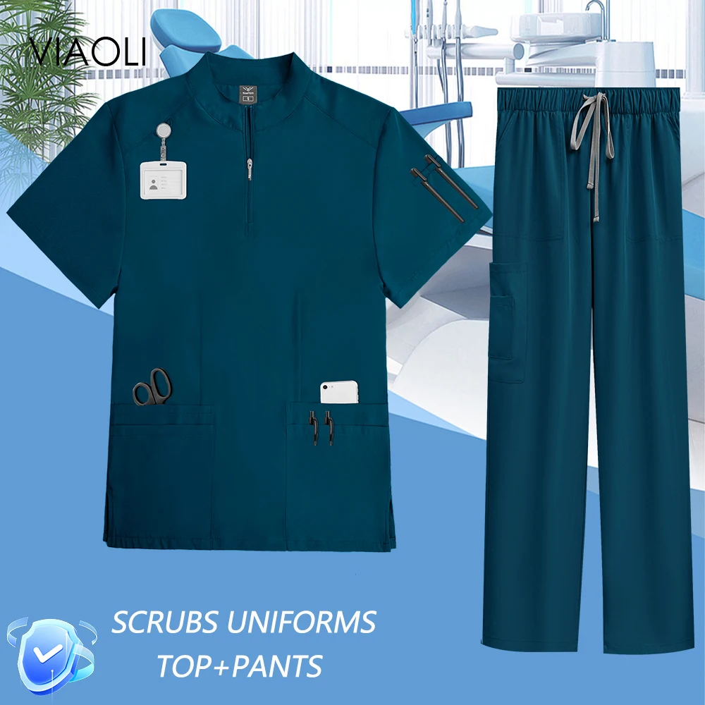 

Workwear Medical Scrubs Set Multiple Pockets Zip Stand Collar Uniforms Beauticians Nutritionists Micro Elasticity Clothing Suits
