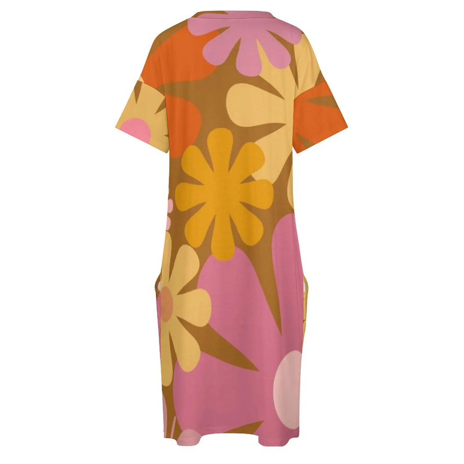 Retro 60s 70s Flowers - Vintage Style Floral Pattern in Thulian Pink, Orange, Mustard, and Brown Loose Pocket Dress