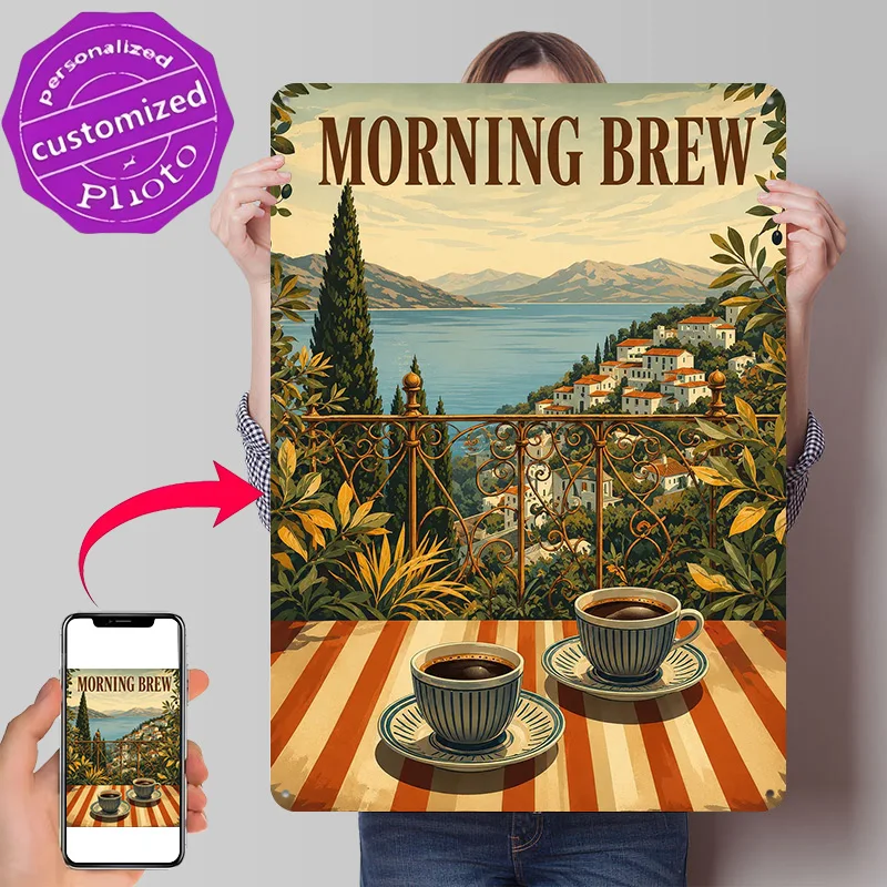 Morning Brew With a View Personalized 3D Textured Metal Poster Wall Art Vintage Tin Signs for Decor Living Room Home Decorations
