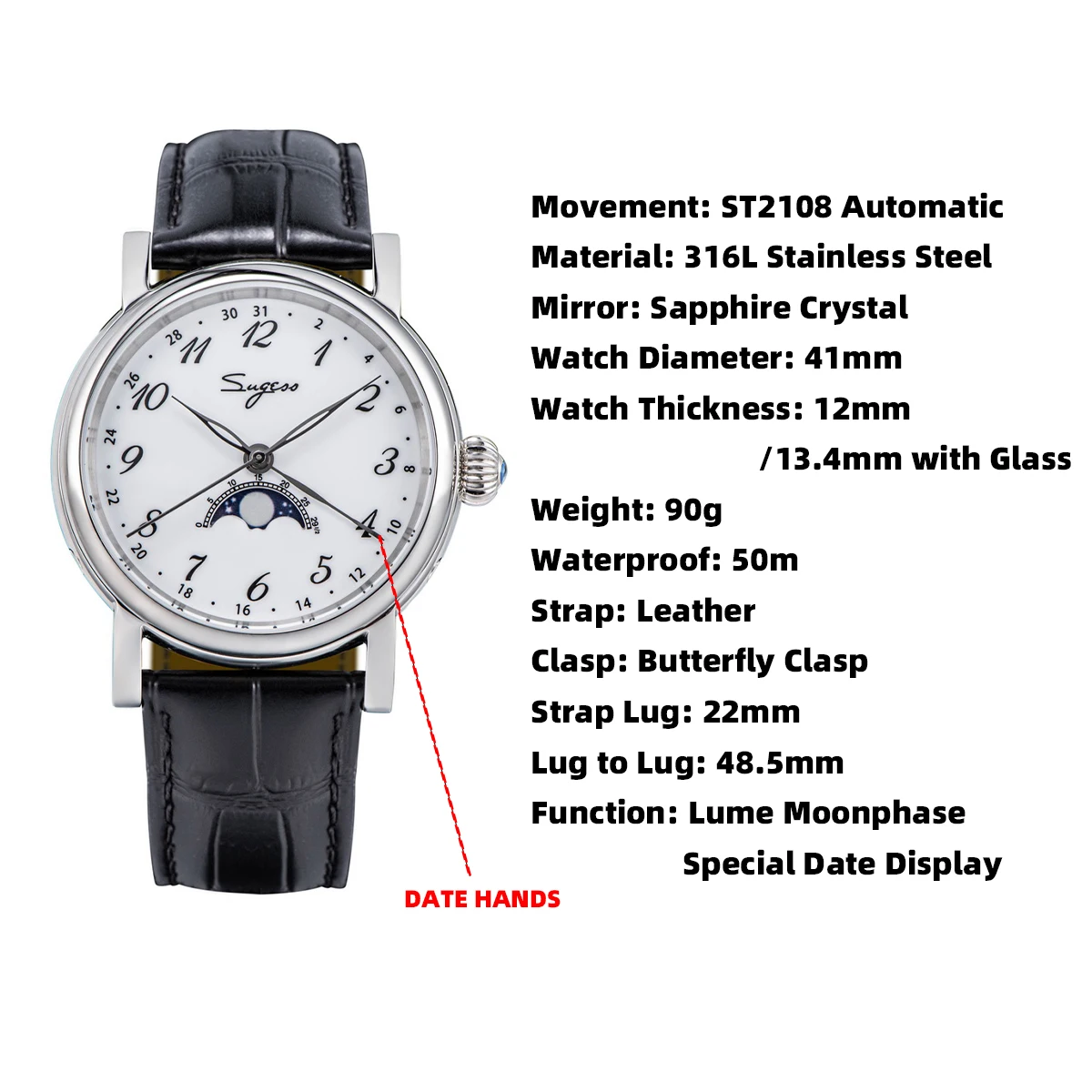 Sugess Automatic Watch of Men Original ST2108 Movement Sapphire Glass Moonphase Mechanical Wristwatches Luminous WaterResistant