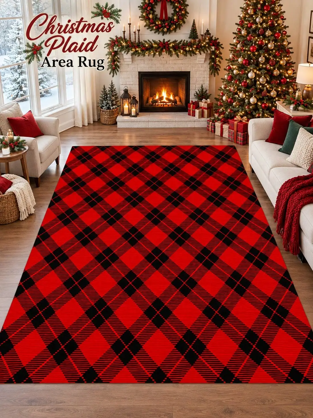 Christmas Rug Plaid Living Room Bedroom Dining Area Entryway Floor Carpet Gift for Couples Family Neighbors Halloween Thanksgiving Birthday Anniversary Housewarming Apartment Cabin Farmhouse Home Styling Sofa Side Reading Nook Holiday Gathering