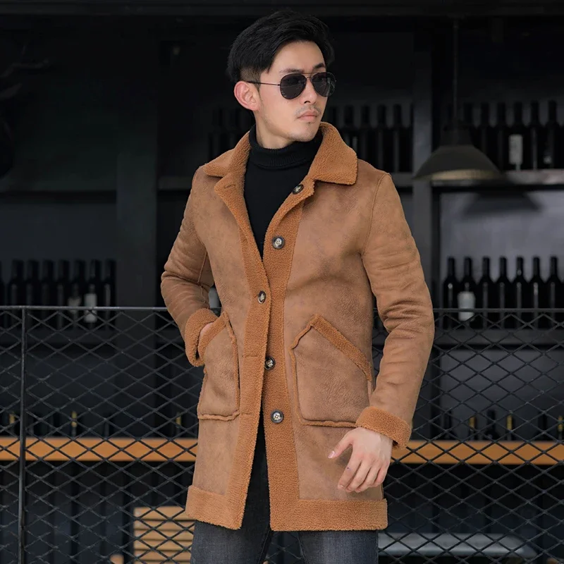 

New Plus Size Men Suede Leather Jacket Winter Warm Outwear Faux Lamb Wool Fur Two Side Wearing Coat Drop Shipping