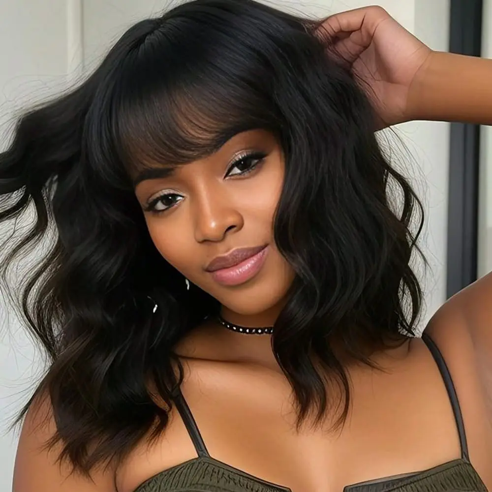 

Черный короткий парик с челкой для женщин, длина до плеч, вьющиеся, волнистые, синтетические волосы, естественный вид, стиль боба для косплея и ежедневного использования