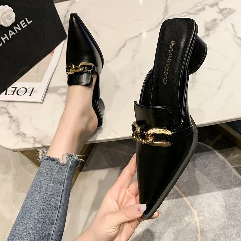 2022 Summer Luxury Women Black High Heels Slippers Close Toe Block Heels Mules Designer Slip on Loafers Slides Party Shoes