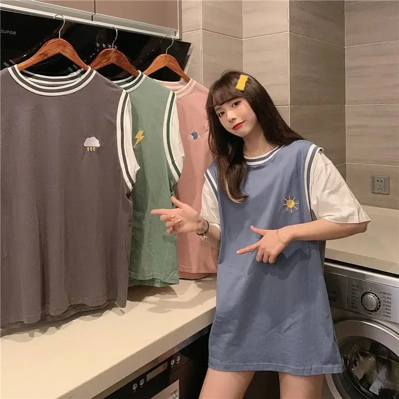 EBAIHUI Basketball Suit Women Loose BF Style Korean Summer Ladies T-shirt New Medium Long Short Sleeve Fake Two Piece O Neck Tee