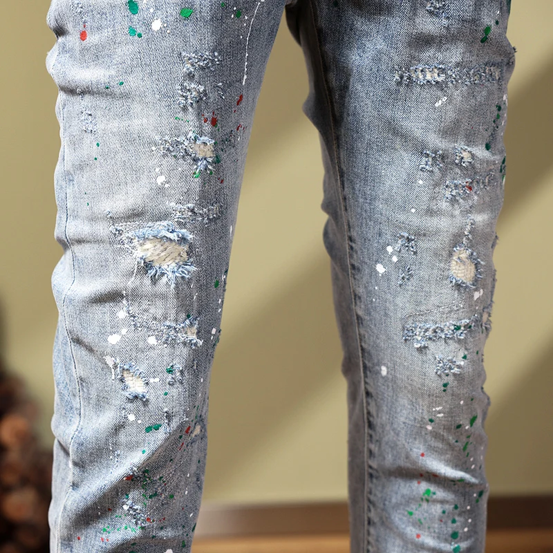 High Street Fashion Men Jeans Retro Light Blue Elastic Stretch Skinny Fit Ripped Jeans Men Painted Designer Hip Hop Pants Hombre
