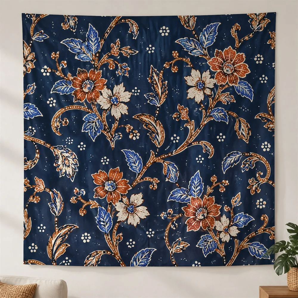 VIKAMA Batik Vine Pattern Clustered Groups Tapestry Wall Hanging, Southeast Asian Wall Art Tapestries for Living Room Bedroom