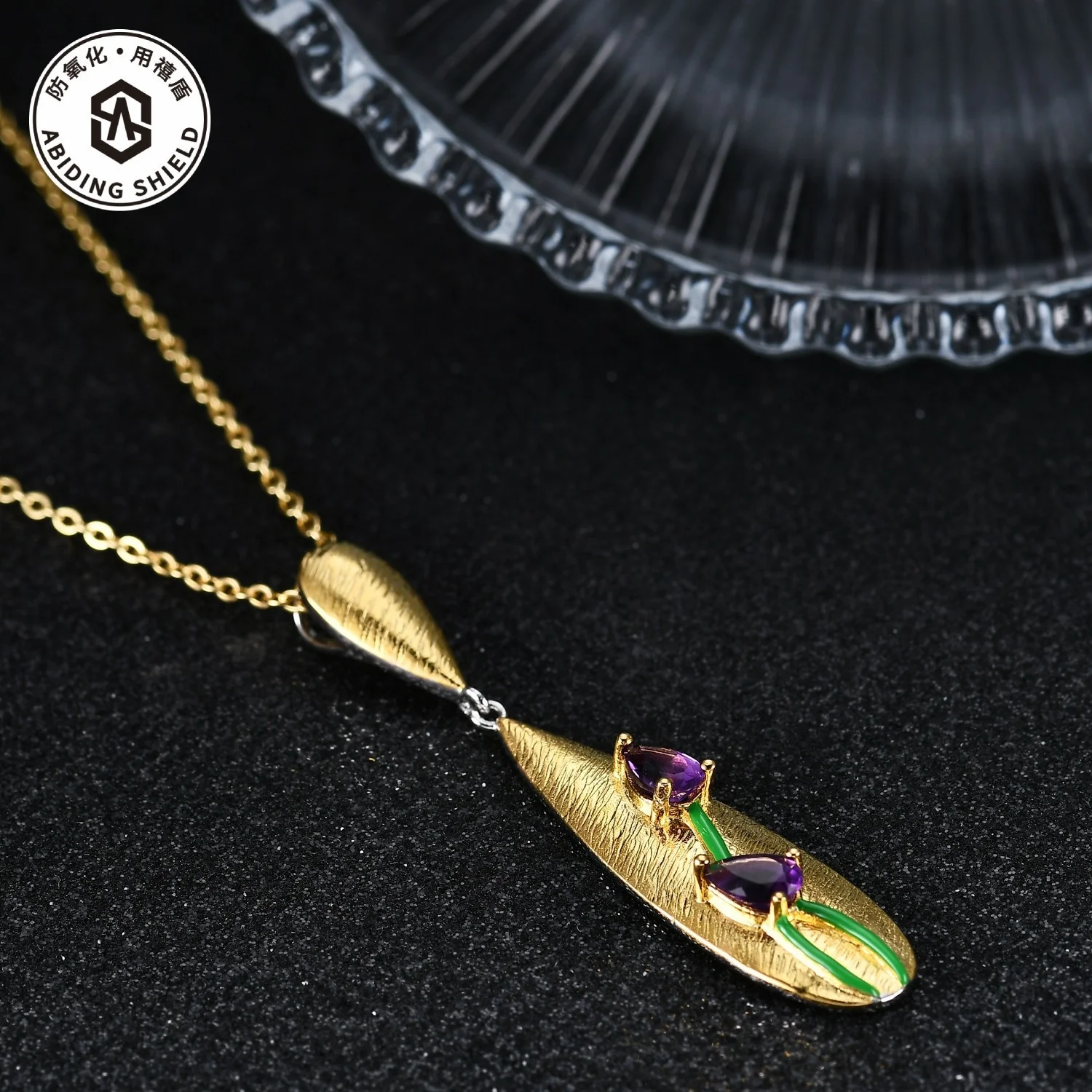 Luxury brand genuine real jewels Italian Craft Style Jewelry Designer s925 Silver Plated K Gold Inlaid Amethyst Necklace Pendant