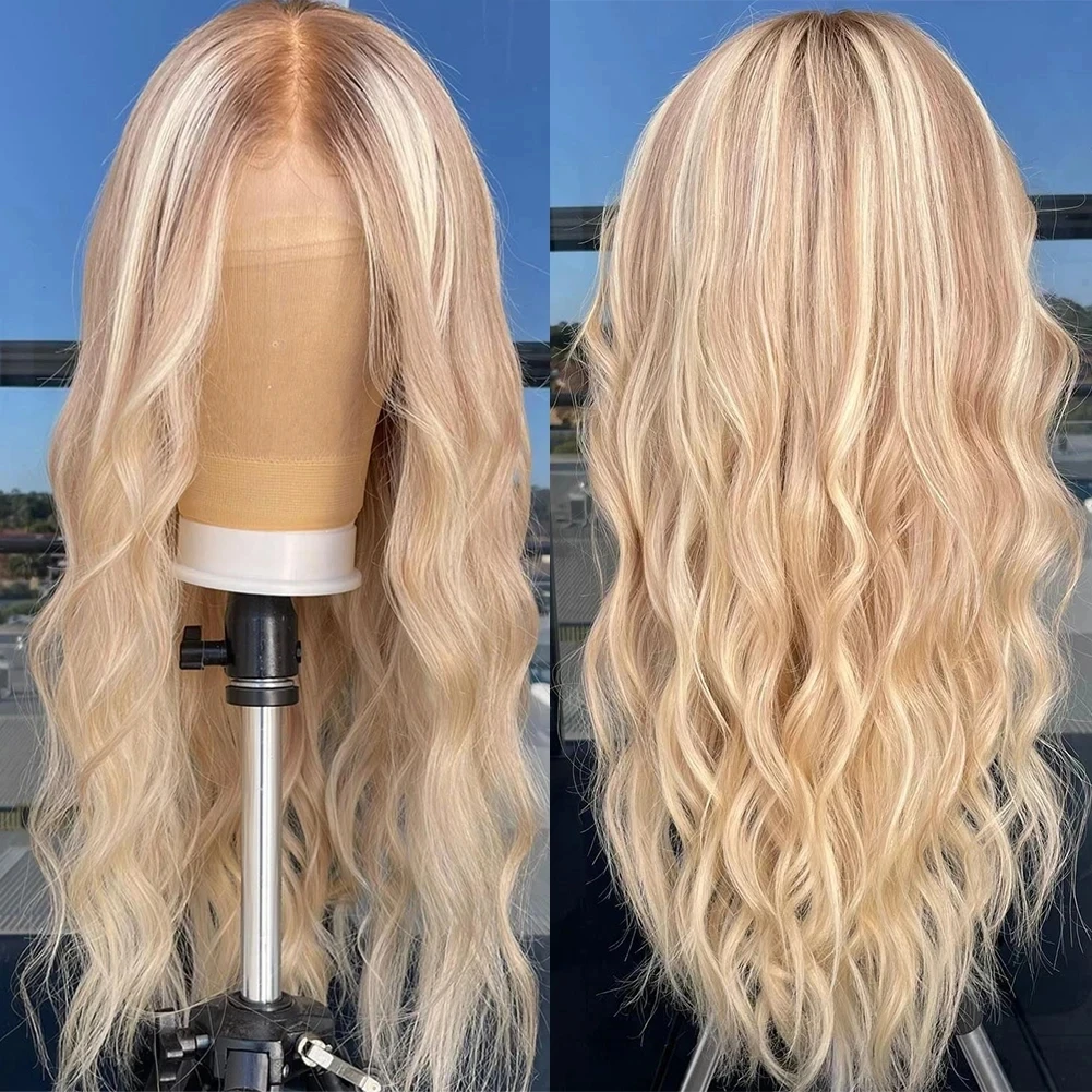 Light Blonde Highlights Lace Front Synth Hair Wigs for Women 13x4 Lace Frontal Wig Roots Loose Wave Wig PrePlucked Middle Part