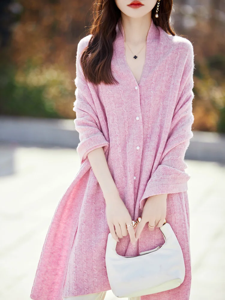 Women Cashmere Wrap Shawl Cardigan Autumn Winter Grace Basic 100% Merino Wool Knitwear Cable Knitting Cashmere Sweater Tops