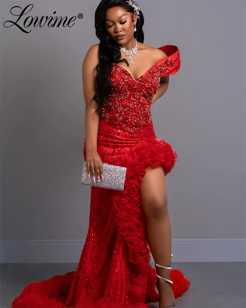 Red Long Prom Dresses One Shoulder African Party Dress With High Split Side Beaded Evening Engagement Gowns Plus Size Customized