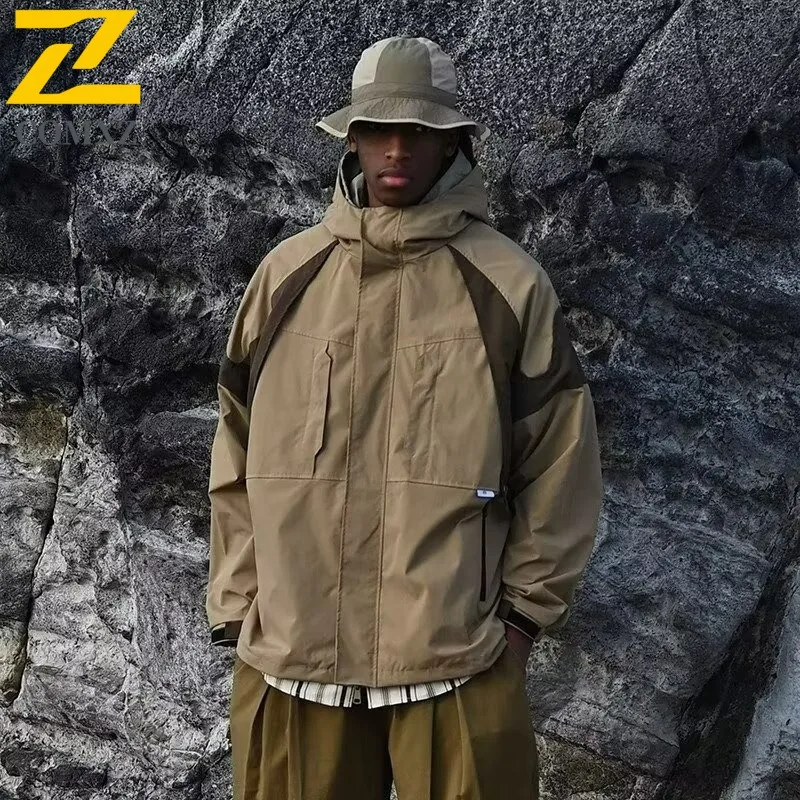 

COMXZ 2025 Men Spring Color Block Hooded Jacket Japanese Vintage Style Loose Fit Casual Top Trendy Street Fashion Lightweight