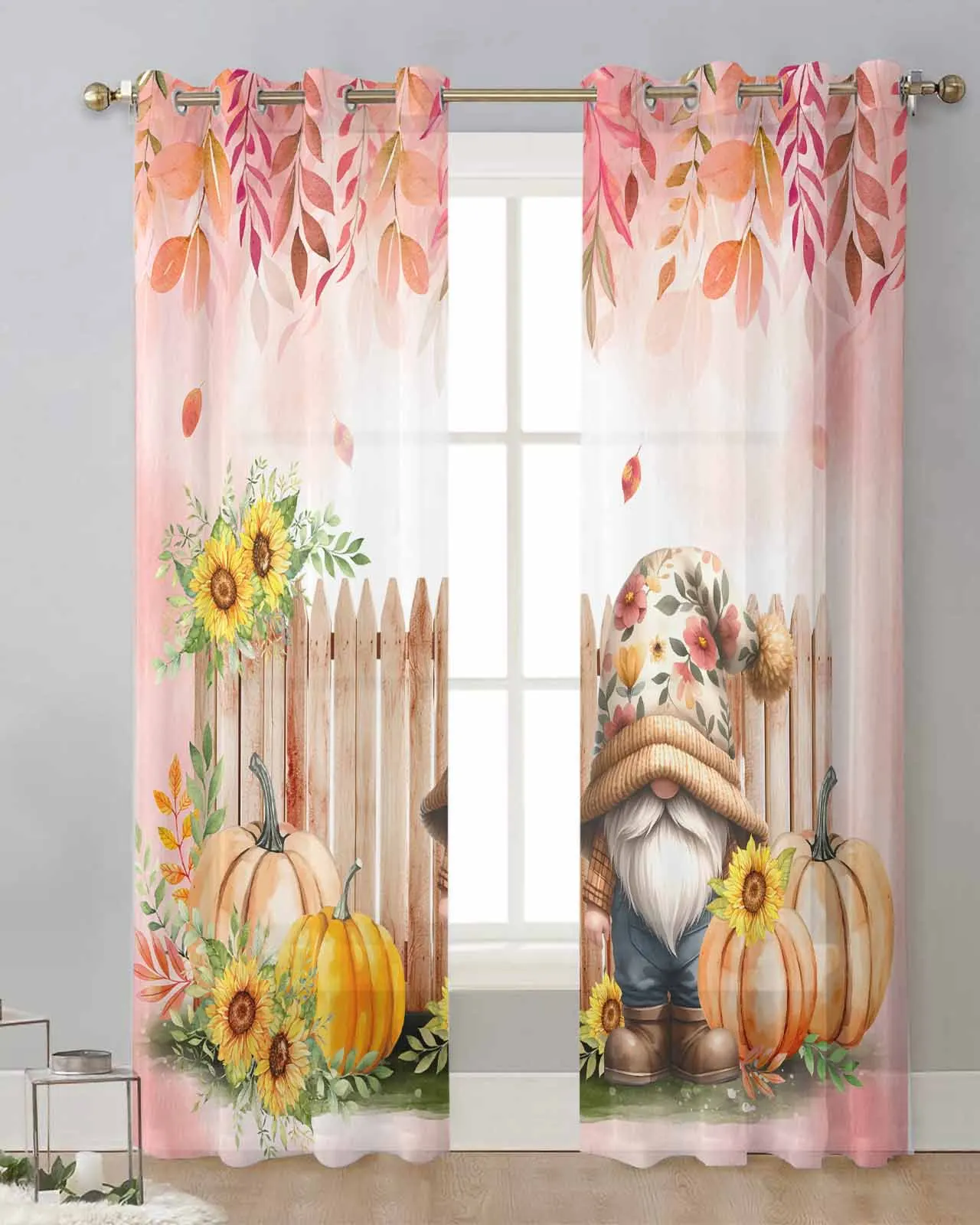 

Thanksgiving Plant Fence Sunflower Pumpkin Voile Curtain Window Treatment Drapes Tulle Curtains for Living Room Sheer Curtains