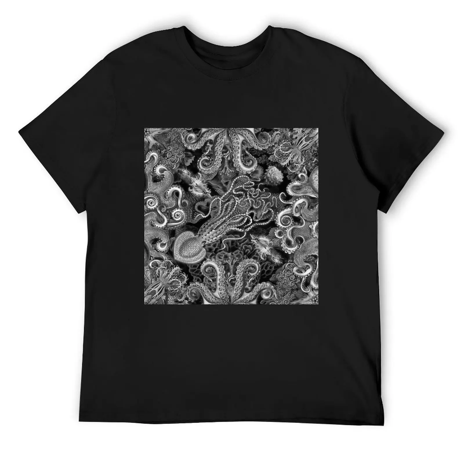 

Octopus Squid Kraken Art Tentacles Seashell Deep Sea Ocean Creatures Lover (Black & White) - Octopus T-Shirt