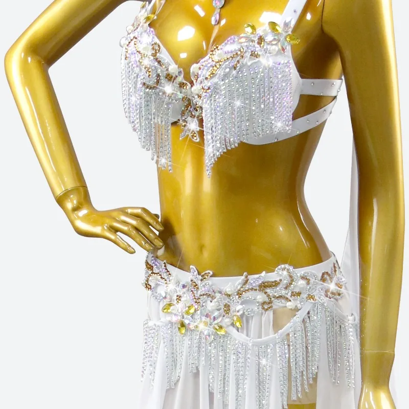 Customized White Tassel Bra Belly Dance Costume with Advanced Diamond Sexy Oriental Dance Wear Performance Dress Practice Skirt