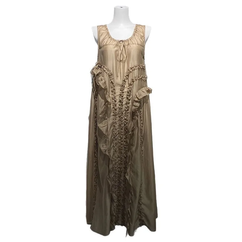 تنورة طويلة جديدة لربيع وصيف 2025 برقبة دائرية مكشكشة ومرقعة مائة متطابقة مع فستان نسائي رقيق بدون أكمام #5