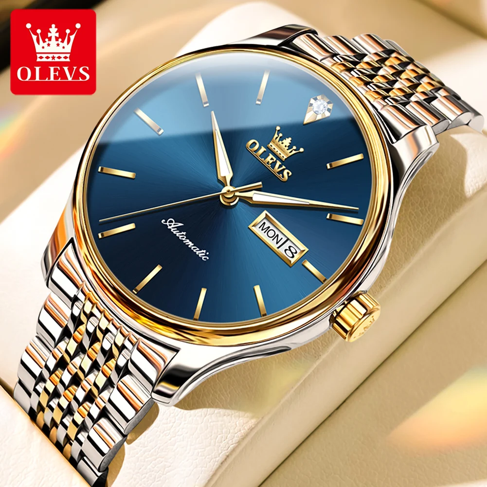 

OLEVS New Fashion Classic Blue Mechanical Watch for Men Stainless Steel Waterproof Automatic Week Date Business Mens Wristwatch