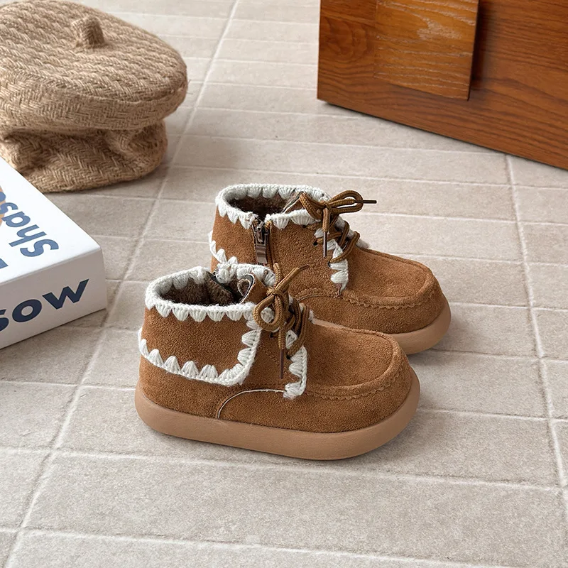 

Зимние ботинки для маленьких девочек 2024, детские ботильоны в стиле ретро на флисовой подкладке, теплая нескользящая мягкая подошва, новые детские хлопковые зимние туфли