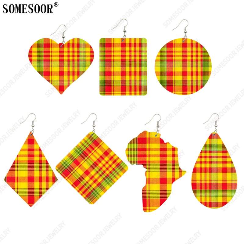 SOMESOOR Madras Plaid Fabric Design Print African Wooden Drop Earrings For Women Muti-Shapes Geometric Pendant Dangle Jewelry