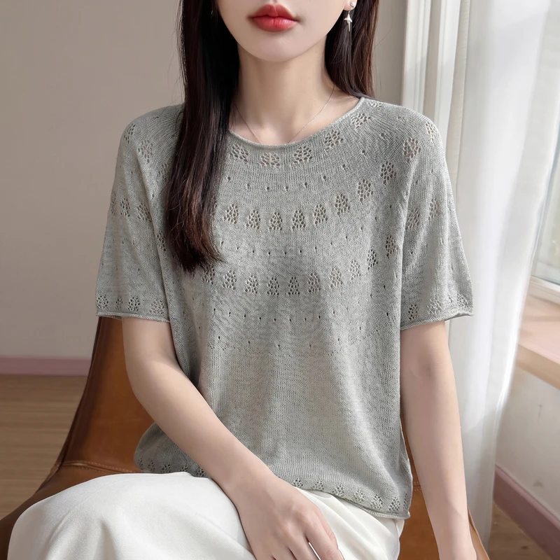 First-line ready-made linen knitted short-sleeved T-shirt female round neck hollowed out half sleeve hemming