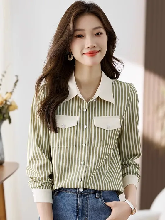 

Женская свободная рубашка в полоску с длинным рукавом, весенняя, модная, в корейском стиле, повседневная, элегантная