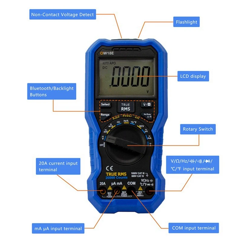 OW18E Smart Digital Multimeter Bluetooth 4 1/2 Digit High Precision LCD With Wireless Connection Data Logging Auto Range Durable