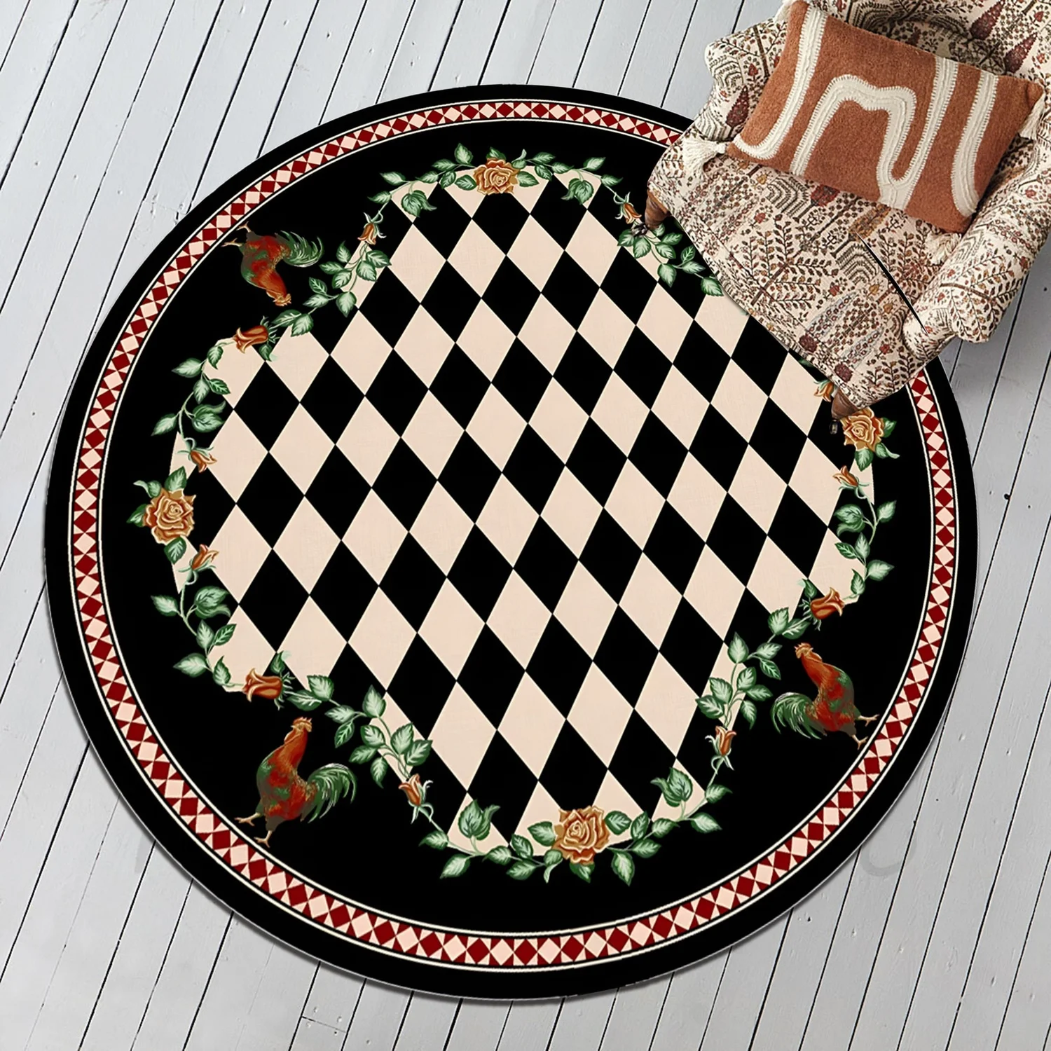 Checkerboard Round Area Rug, Embroidered Rooster and Flower Design, Modern Living Room Carpet